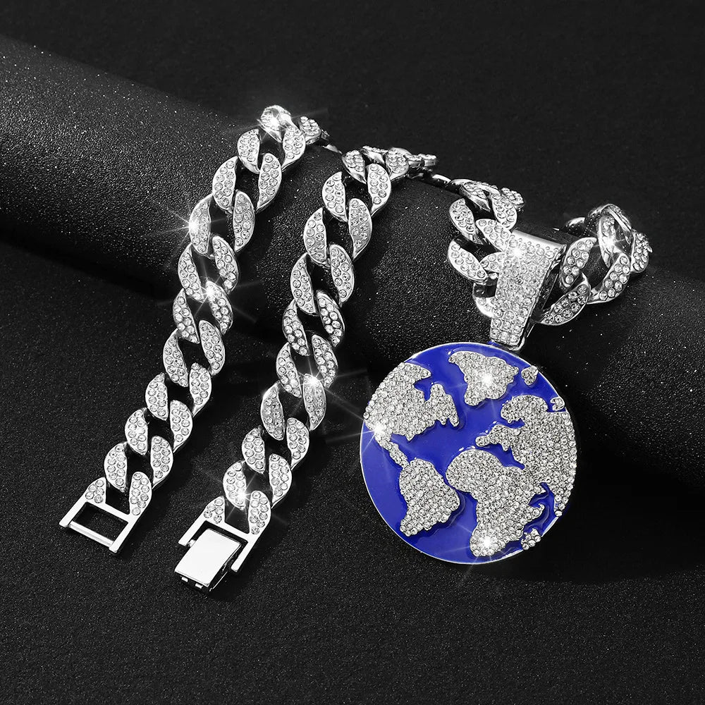 New Oil Dripping Hip Hop Planet Earth Pendant Cuban Necklace Personalized Environmental Protection Alloy Jewelry