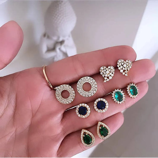 European And American Diamond Drop Round Oval Love Rhinestone Stud Earrings 5 Pairs Set