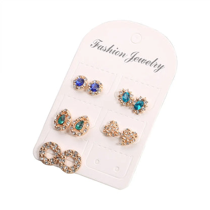 European And American Diamond Drop Round Oval Love Rhinestone Stud Earrings 5 Pairs Set