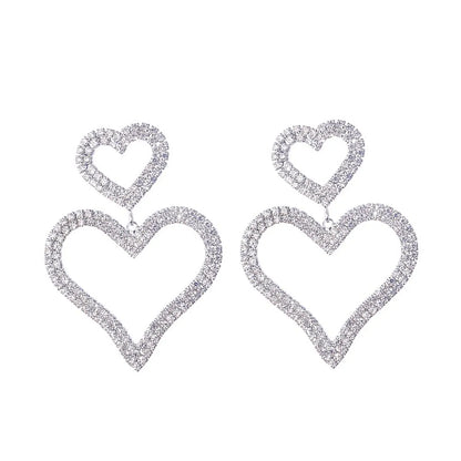 European And American Fashion Exaggerated Diamond S925 Silver Needle Double Love Earrings Temperament Wild Long Peach Heart Earrings Earrings