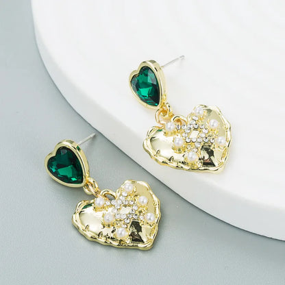 European And American Fashion Fight Color Rhinestone Cocktail Heart Alloy Pearl Earrings