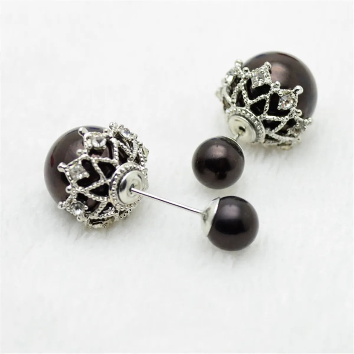 European And American Fashion Lady Temperament Simple Big And Small Balls Two Sides 4-color Pearl Lace Hollow Zircon Stud Earrings