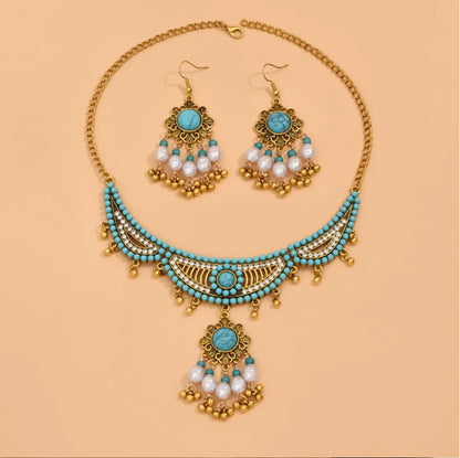 European And American Fashion Retro Simple Turquoise Accessories Exaggerated Temperamental Women'S Necklace Earrings Women'S Jewelry Set