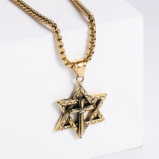 Aml European And American Fashion Titanium Steel Hexagram Necklace Vintage Cross Casting Pendant Ornament