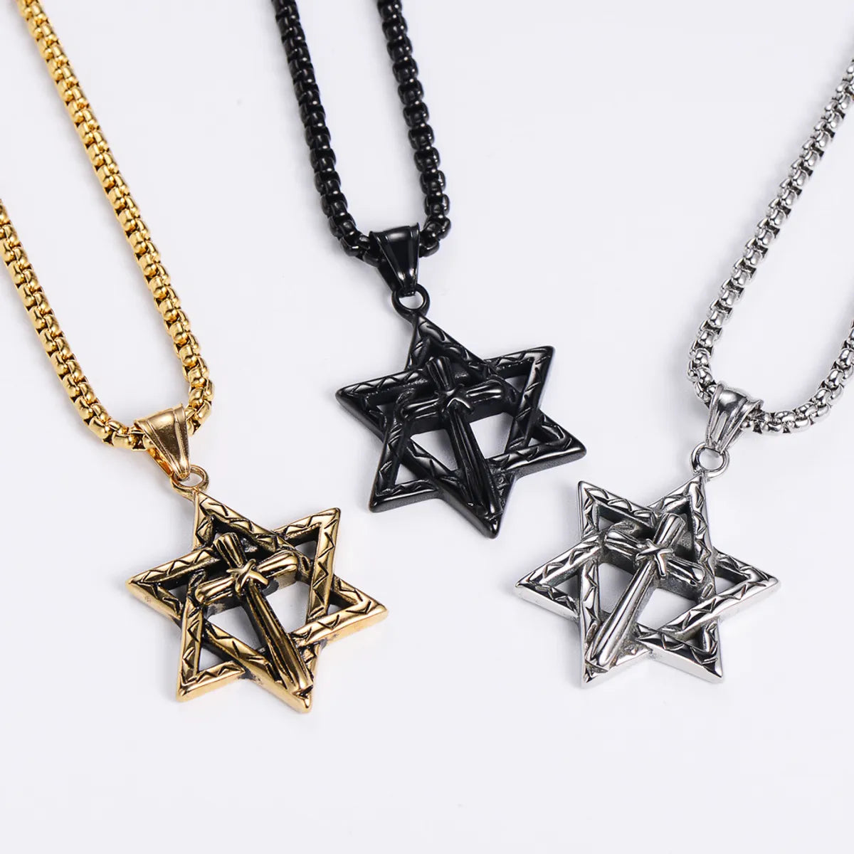 Aml European And American Fashion Titanium Steel Hexagram Necklace Vintage Cross Casting Pendant Ornament