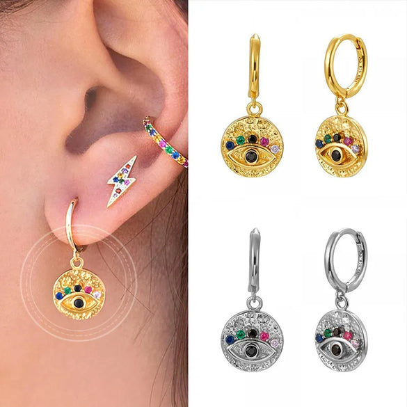 European And American Fashion Trend Demon Eye Earrings Color Zircon Personality Temperament Round Earrings