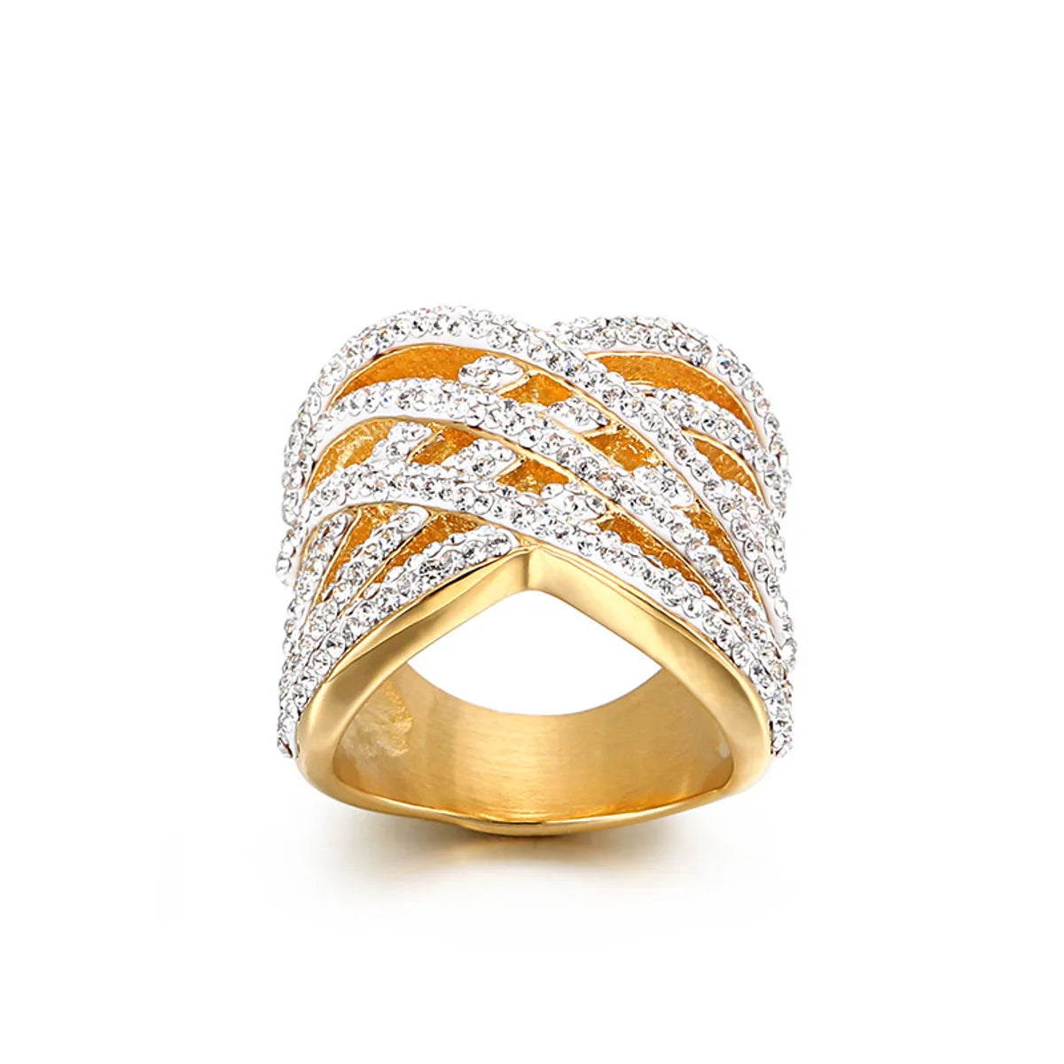 European And American Fashion Full Diamond Ring Stainless Steel Electroplated 18k Real Gold Exaggerated Large Mesh Woven Female Raw Ring Jewelry