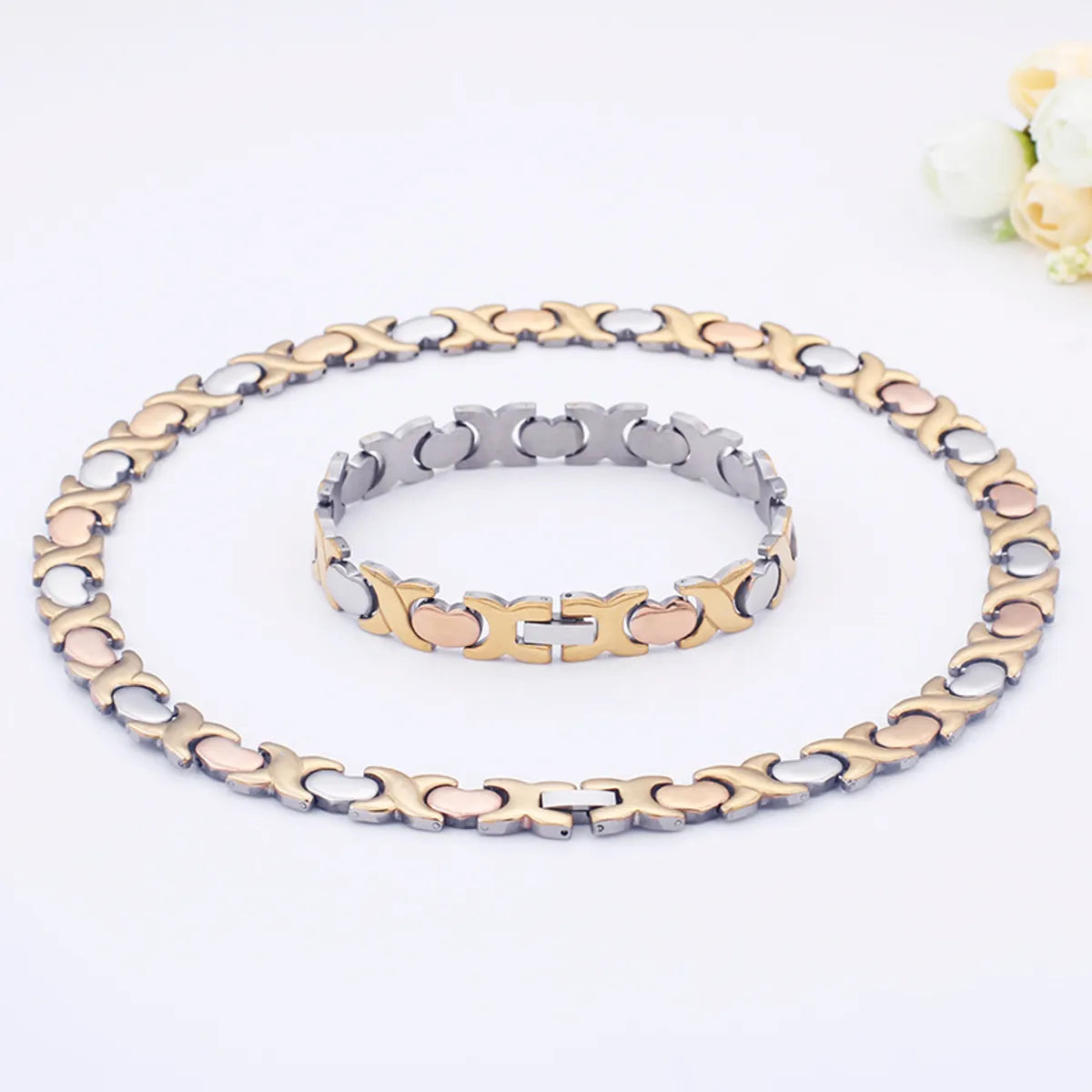 European And American Geometric Titanium Steel Women's Bracelet Necklace Set Wholesale