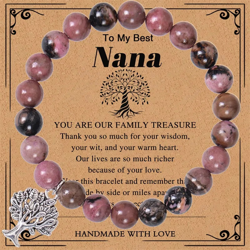 European And American Grandma Pink Zebra Stone Bracelet Tree Of Life Pendant Natural Stone Bracelet Nana Grandma Card Gift