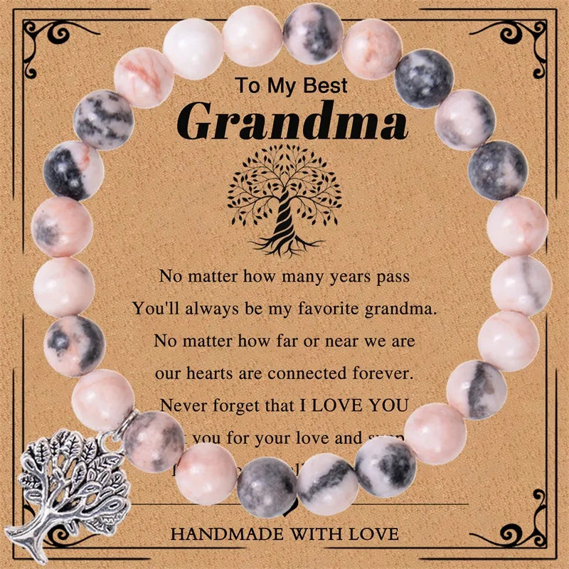 European And American Grandma Pink Zebra Stone Bracelet Tree Of Life Pendant Natural Stone Bracelet Nana Grandma Card Gift