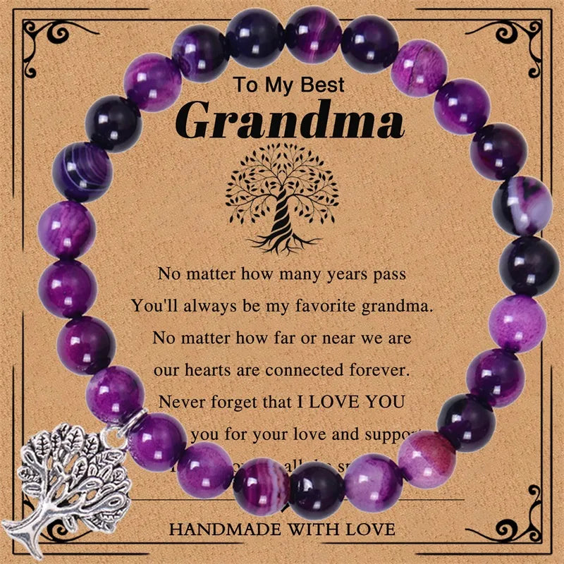 European And American Grandma Pink Zebra Stone Bracelet Tree Of Life Pendant Natural Stone Bracelet Nana Grandma Card Gift