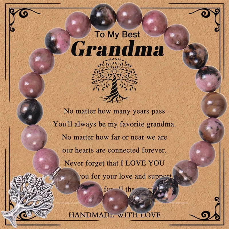 European And American Grandma Pink Zebra Stone Bracelet Tree Of Life Pendant Natural Stone Bracelet Nana Grandma Card Gift