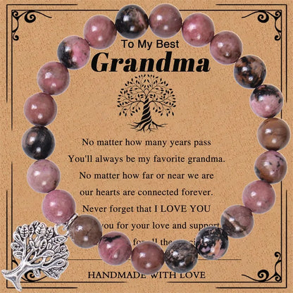 European And American Grandma Pink Zebra Stone Bracelet Tree Of Life Pendant Natural Stone Bracelet Nana Grandma Card Gift