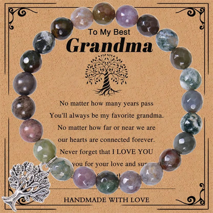 European And American Grandma Pink Zebra Stone Bracelet Tree Of Life Pendant Natural Stone Bracelet Nana Grandma Card Gift