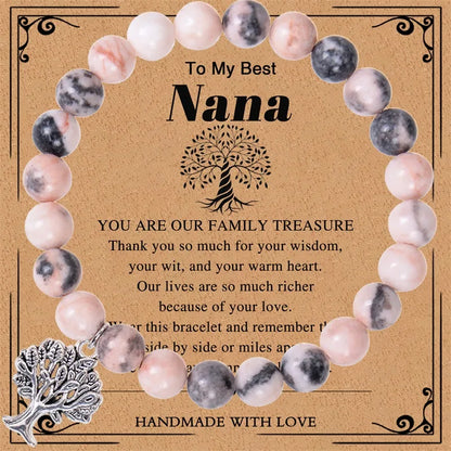 European And American Grandma Pink Zebra Stone Bracelet Tree Of Life Pendant Natural Stone Bracelet Nana Grandma Card Gift