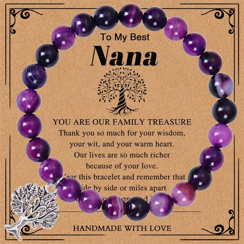 European And American Grandma Pink Zebra Stone Bracelet Tree Of Life Pendant Natural Stone Bracelet Nana Grandma Card Gift