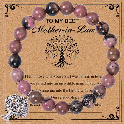 European And American Grandma Pink Zebra Stone Bracelet Tree Of Life Pendant Natural Stone Bracelet Nana Grandma Card Gift