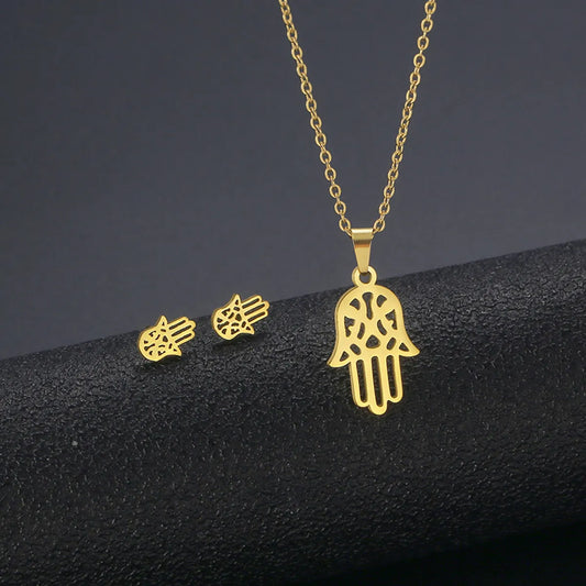 European And American  Couple Necklace Stainless Steel Simple Hollow Palm Necklace Earring Set