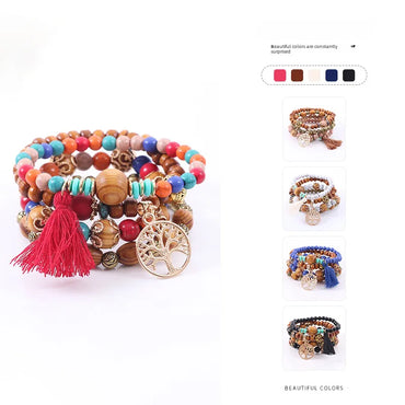 Hot Sale Life Tree Wood Beads Tassel Bracelet Bohemian Style Alloy Rose Bracelet Set Wholesale