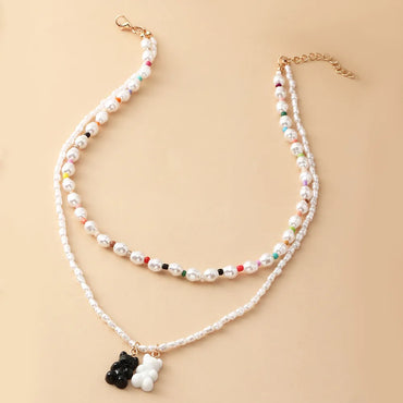 European And American Little Bear Pendant Female Pearl Beads Necklace Female