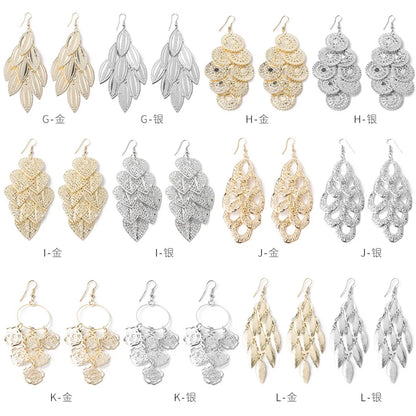 European And American Long Hollow Leaf Heart Frosted Disc Tassel Earrings