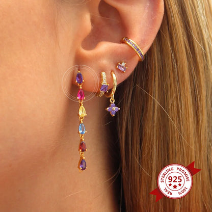 European And American Long Tassel Color Zircon Earrings