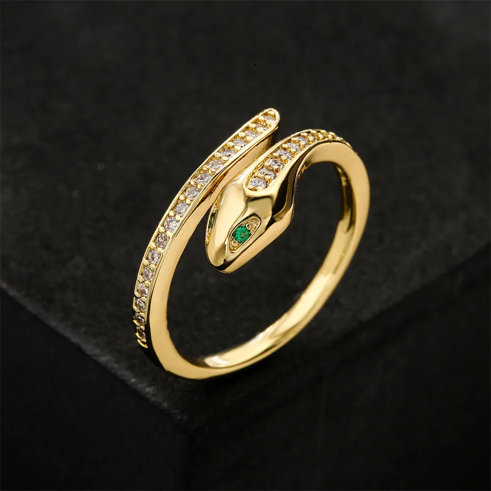 European And American New Copper-Plated 18k Gold Zircon Green-Eyed Snake Ring