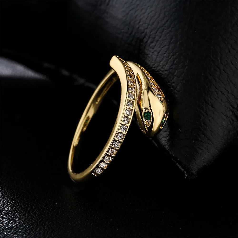 European And American New Copper-Plated 18k Gold Zircon Green-Eyed Snake Ring