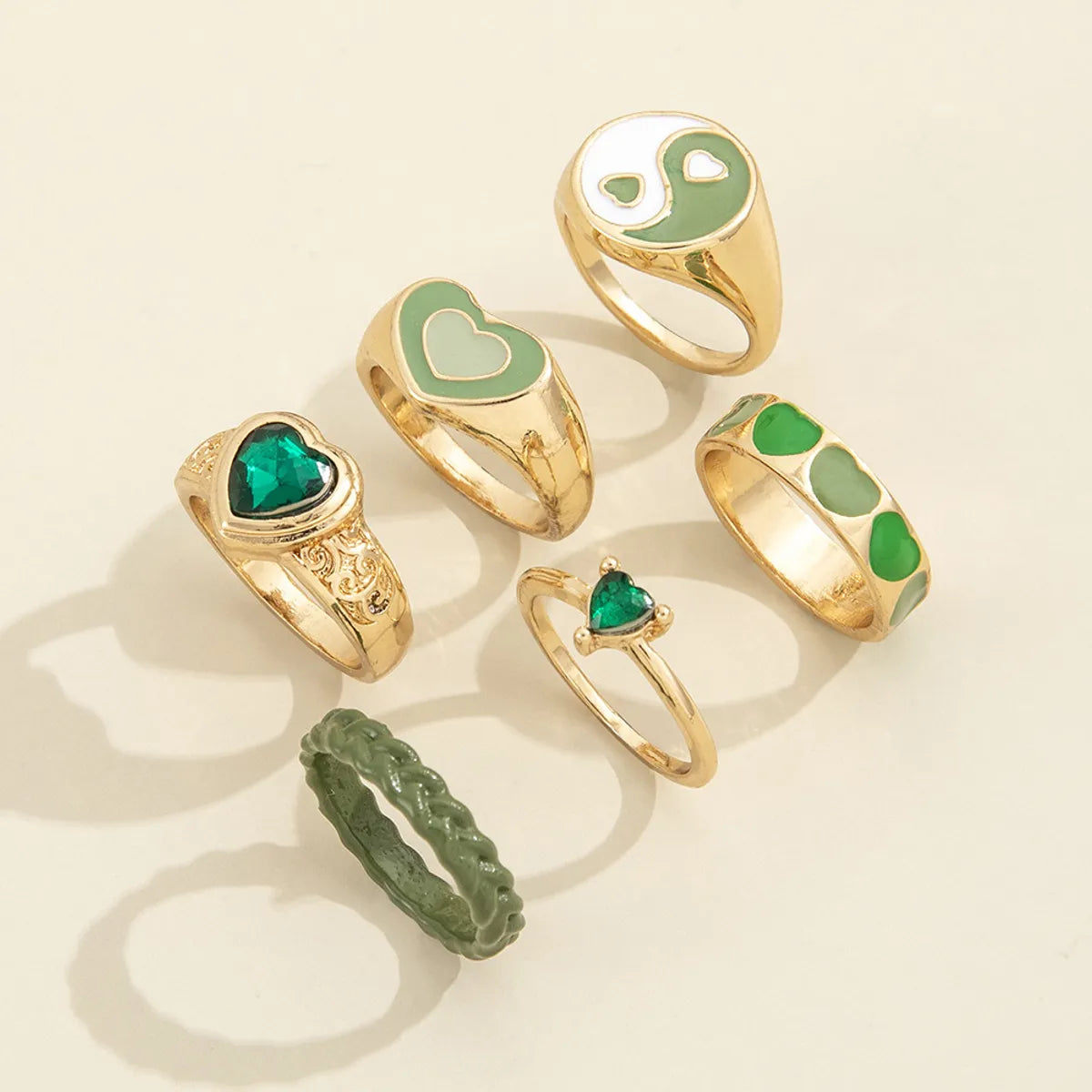 European And American New Fashion Retro Tai Chi Gossip Drop Oil Love Green Diamond Joint Ring Six-piece Set