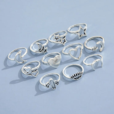 European And American New Product Retro Hollow Love Star Moon Cactus Eye Ring Eleven Set