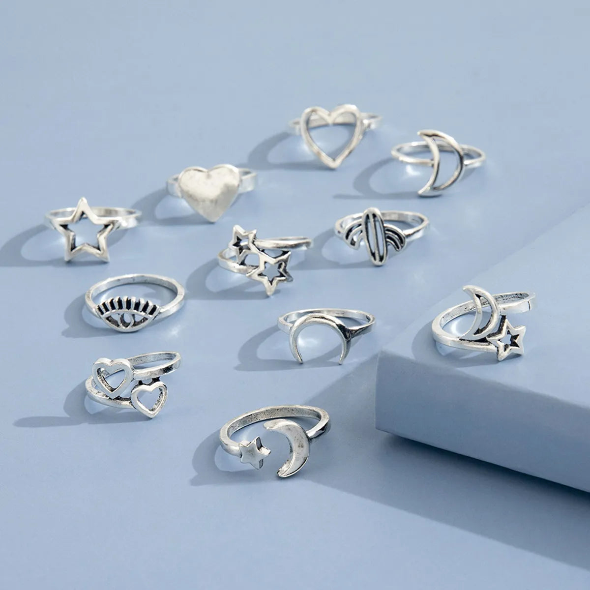 European And American New Product Retro Hollow Love Star Moon Cactus Eye Ring Eleven Set