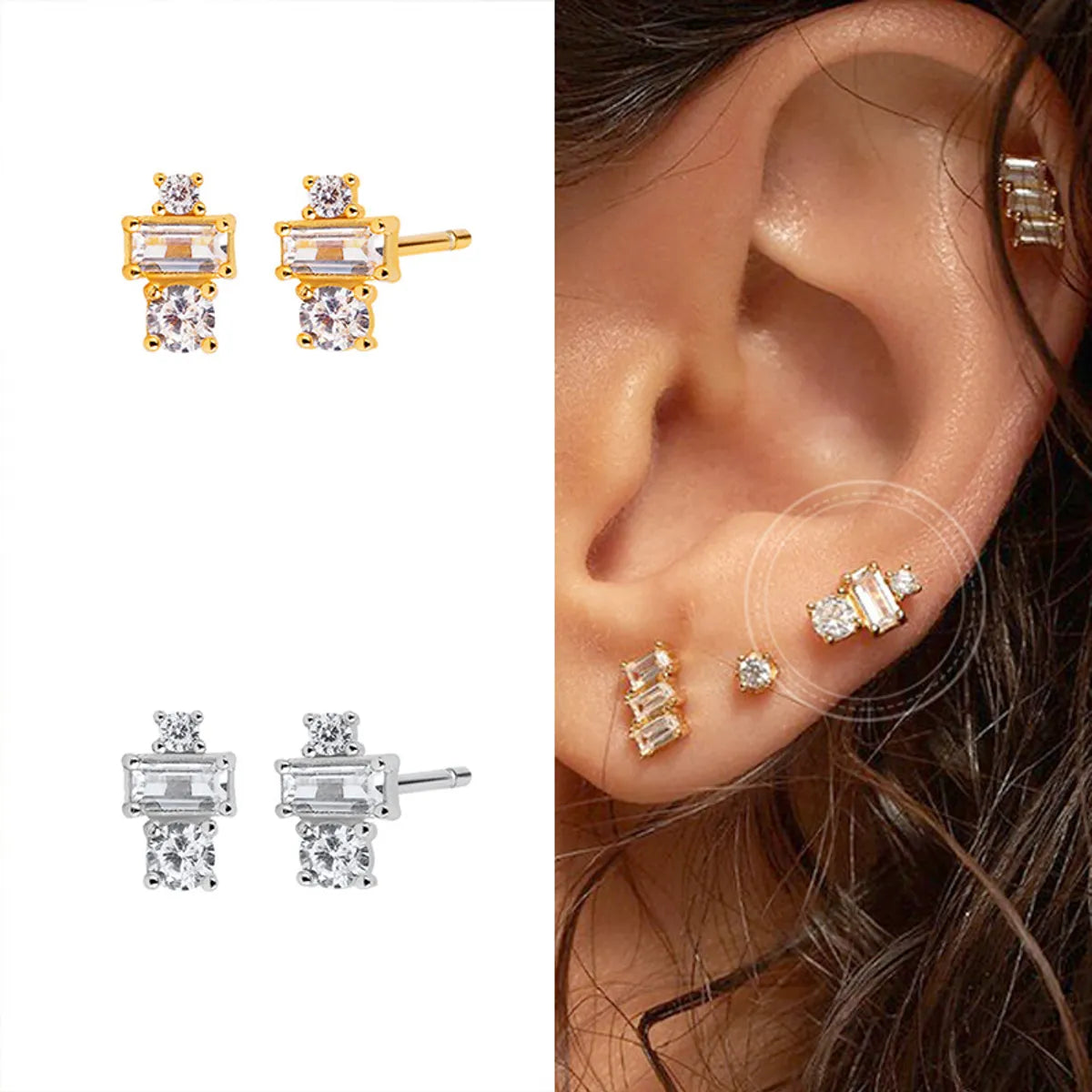 European And American Plated Real Gold Inlaid Zircon Four-claw Square Simple Geometric Earrings