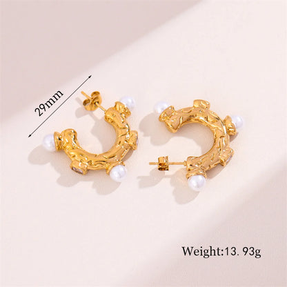 1 Pair Elegant Retro C Shape Plating Inlay Stainless Steel Artificial Pearls 18k Gold Plated Ear Studs