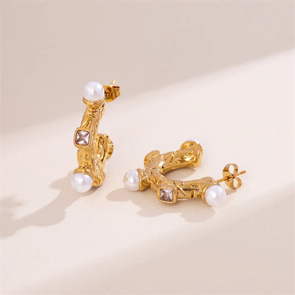 1 Pair Elegant Retro C Shape Plating Inlay Stainless Steel Artificial Pearls 18k Gold Plated Ear Studs