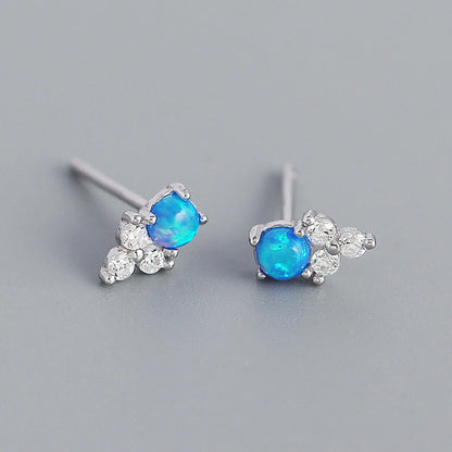 Yhe0385 Europe And America Cross Border S925 Silver Ins Geometric Inlaid Stone Blue Opal Twin Versatile Earrings Female