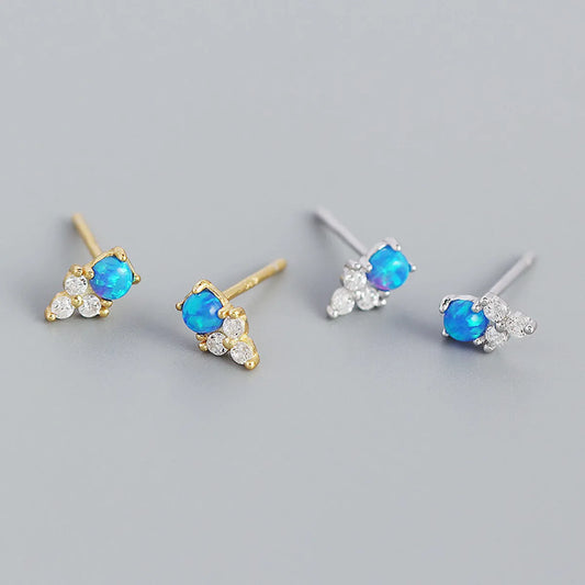 Yhe0385 Europe And America Cross Border S925 Silver Ins Geometric Inlaid Stone Blue Opal Twin Versatile Earrings Female