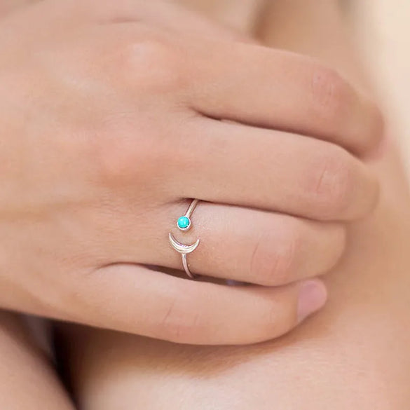 European And American Simple Cold Wind 18k Gold Copper Ring Turquoise Ball Moon Creative Open Ring
