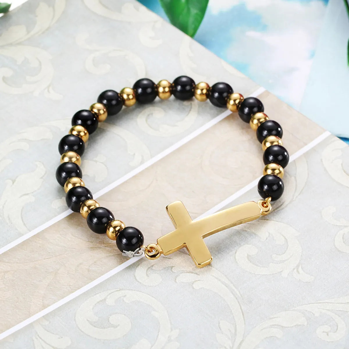 European And American Stainless Steel Gold Black Bead Cross Bracelet