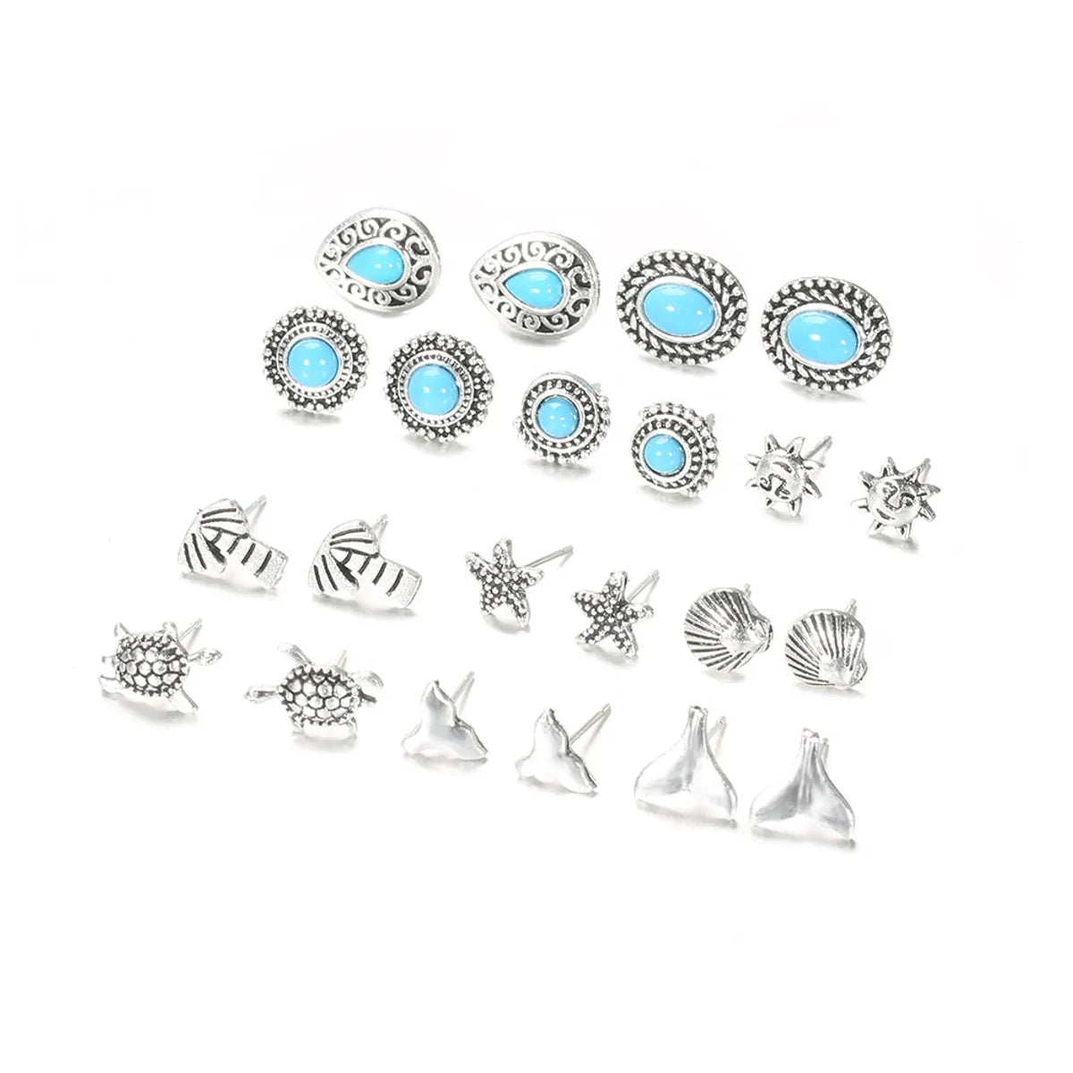 Ornament European And American Style Hollow Carved Cross-border New Arrival Starfish Turtle Fishtail 11-piece Set Set Earrings