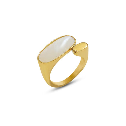 European And American Titanium Steel Plated 18k Gold Jewelry White Sea Shell Oval Ring