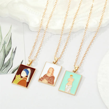 European Retro Alloy Drop Oil Van Gogh Oil Painting Square Pendant Collarbone Chain Female