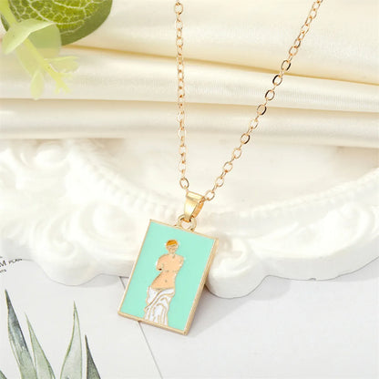 European Retro Alloy Drop Oil Van Gogh Oil Painting Square Pendant Collarbone Chain Female