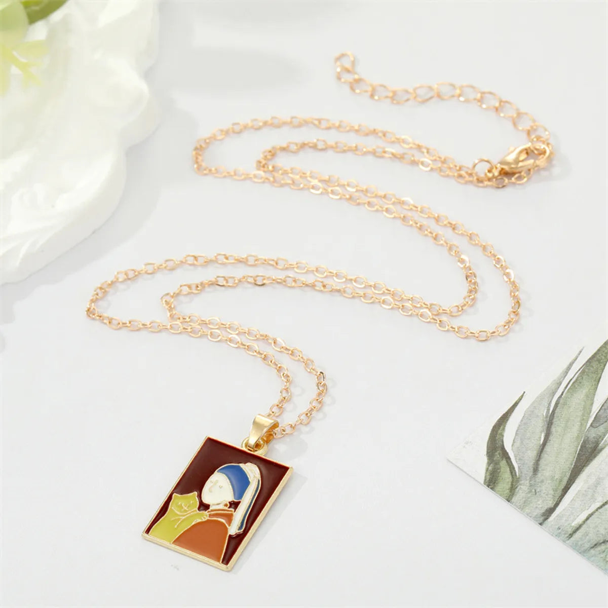 European Retro Alloy Drop Oil Van Gogh Oil Painting Square Pendant Collarbone Chain Female