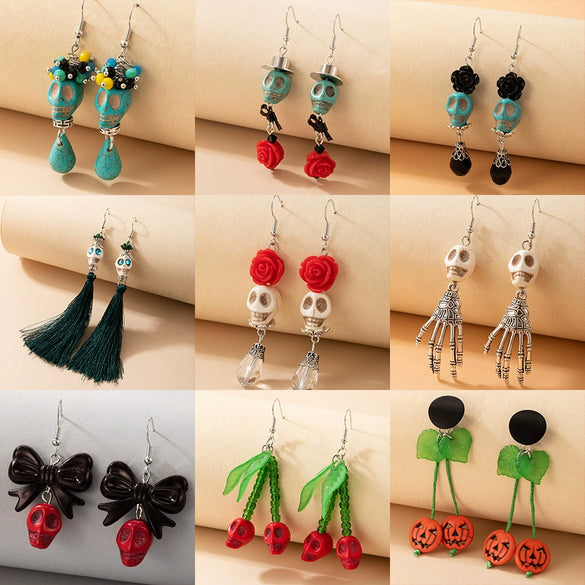 Exaggerated Alloy Skull Ear Hook Earrings With Painted Bow Detail Alternative Statement Drop Earrings