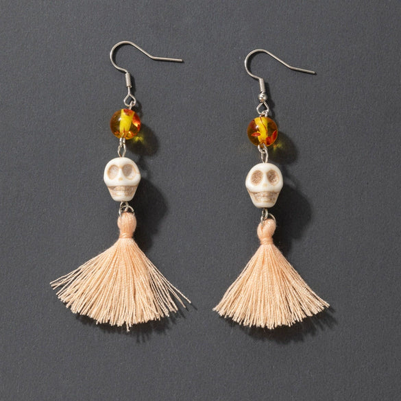 Exaggerated Alloy Skull Ear Hook Earrings With Painted Bow Detail Alternative Statement Drop Earrings