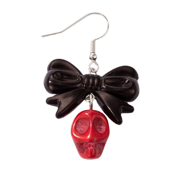 Exaggerated Alloy Skull Ear Hook Earrings With Painted Bow Detail Alternative Statement Drop Earrings