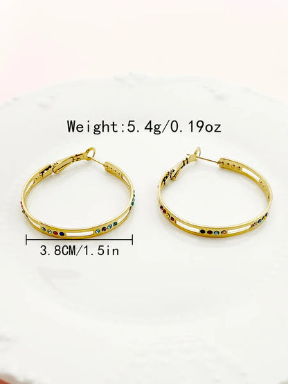 Exaggerated Artistic Round Stainless Steel Metal Plating Hollow Out Inlay Rhinestones Gold Plated Women's Hoop Earrings