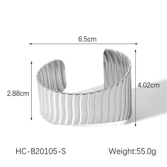 Exaggerated Asymmetric Opening Stainless Steel Bracelet With Vertical Stripe And Electroplating Design