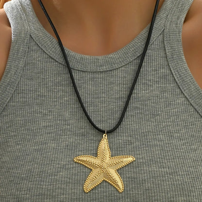 Exaggerated Beach Starfish Leather Rope Iron Women's Pendant Necklace