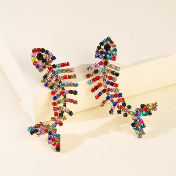 Exaggerated Big Brand Diamond Fish Bone Claw Chain Color Diamond Fashion Earrings Wholesale Gooddiy